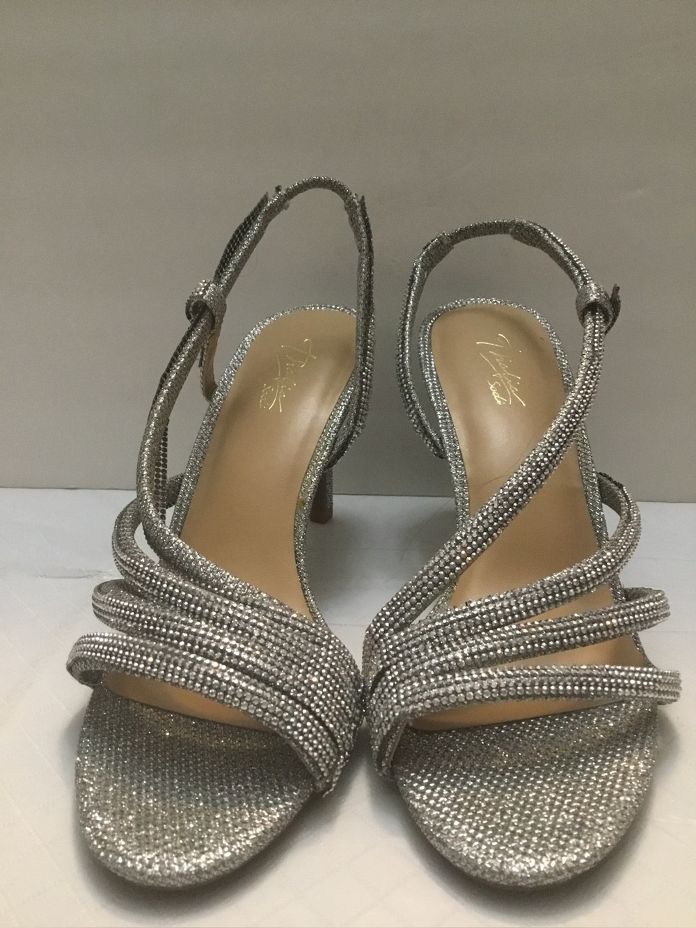 Thalia Sodi Silver Rhinestone Strappy Slingback‎ Heels Open Toe Size 7 NWOT
